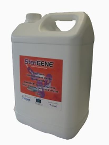 SteriGENE RTU 1:100 Refill 5L is a non-toxic disinfectant using nanotech to eliminate pathogens quickly and safely.