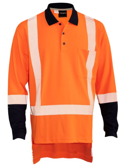 High-visibility orange and navy polo shirt with Hyperfreeze cooling, moisture-wicking panels, and reflective tape for safety.