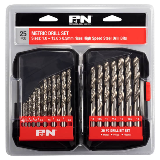 P & N HSS Metric Drill Bit Set - 25 Piece featuring durable M2 steel bits, ideal for precision drilling in metal, wood, and plastic.