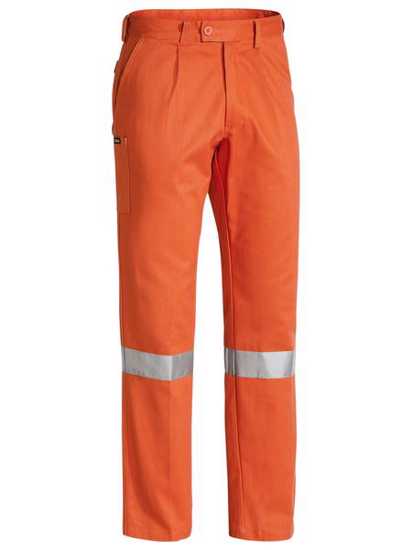 Orange Bisley work pants with reflective tape, multiple pockets, and durable cotton fabric, size 92, designed for visibility and comfort.