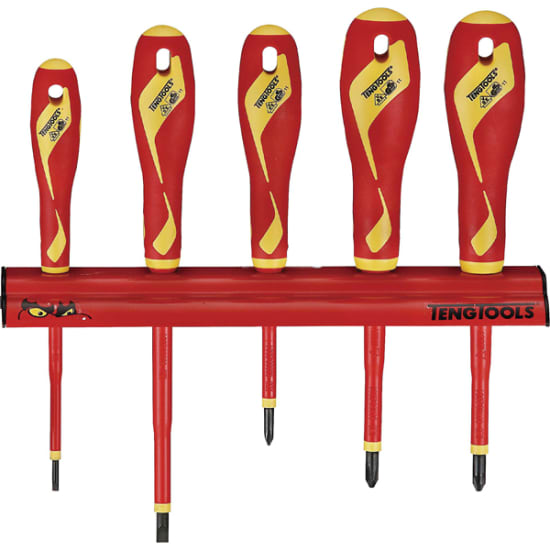 Teng 5pc 1000V VDE Screwdriver Set on wall rack, featuring insulated slotted, Phillips, and Pozidriv screwdrivers for electrical work.