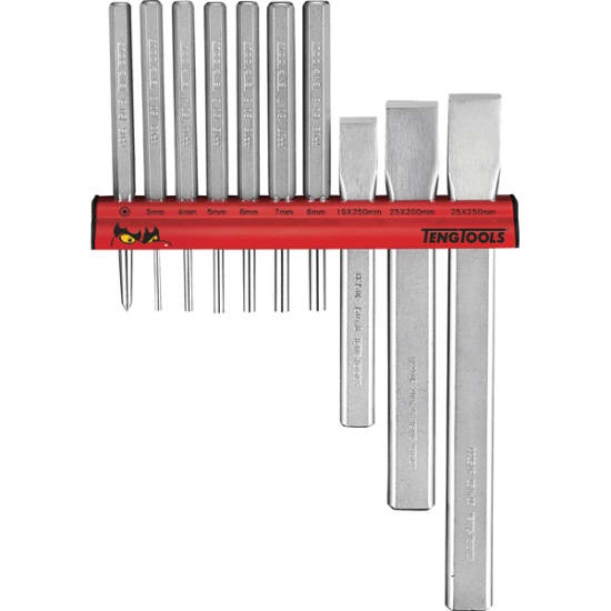 Teng 10pc Punch & Chisel Set with organized wall rack, featuring precision pin punches and robust cold chisels for versatile projects.