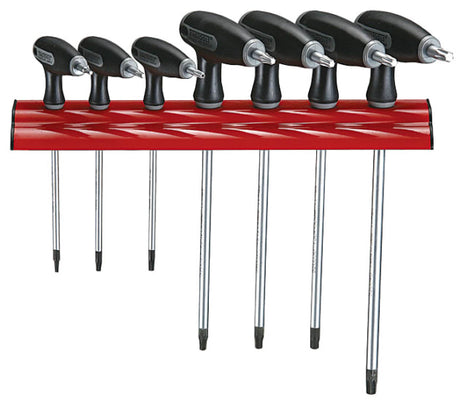 Teng 7pc T-Handle Metric Hex Set (2.5-8mm) with wall rack, featuring ball point ends for 30-degree access and organized storage.