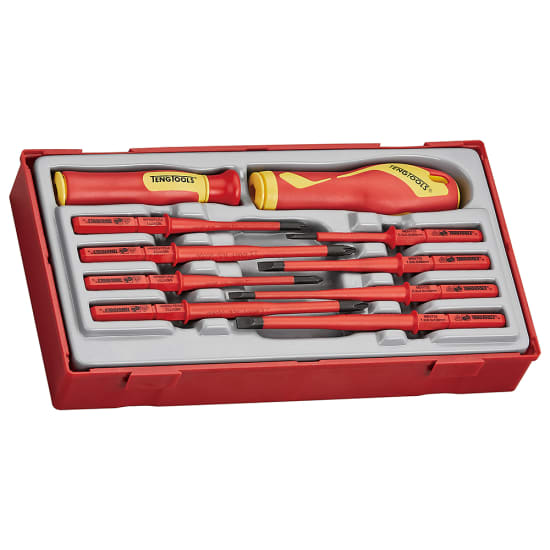 10-piece Teng 1000V insulated screwdriver set with slim blades for recessed screws, organized in a protective TC tray.