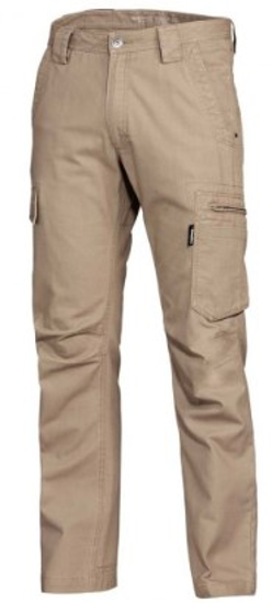 Khaki KingGee Canvas Tradie Pants in size 12, featuring 12 pockets, durable cotton canvas, and a comfortable stout fit.