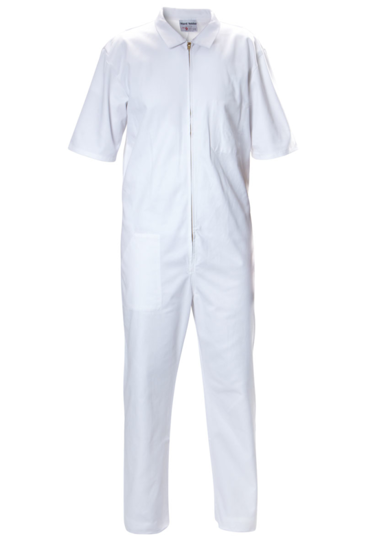 Hard Yakka white cotton zip overalls in size 13, featuring a metal zip front, pockets, and breathable fabric for work comfort.