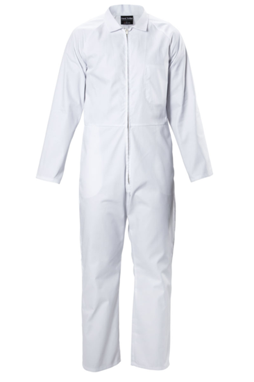 White Hard Yakka Polycotton zip overalls, size 8, featuring durable fabric, front zip, raglan sleeves, and practical pockets.