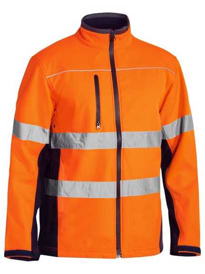 Bright Orange/Navy Hi Vis Soft Shell Jacket, size M, features reflective tape, waterproof zippers, and adjustable cuffs for safety.
