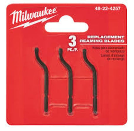 Milwaukee replacement reaming blades in a packet for deburring copper and PVC, featuring durable all-metal design and clip storage.