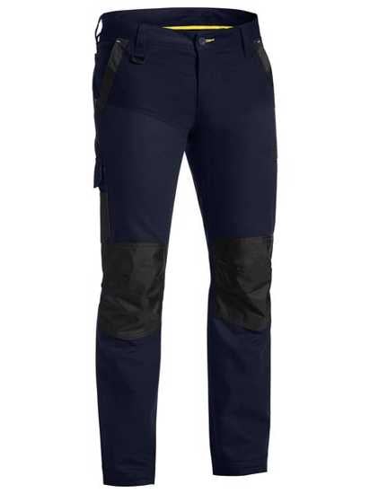 Navy Bisley FLX & MOVE Stretch Pant, Size 87, featuring curved waistband, utility pockets, and durable stretch cotton fabric.