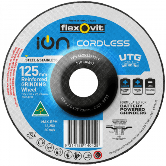 Ultra-thin 125 x 3 x 22mm grinding disc for cordless angle grinders, enhancing precision, battery life, and operator comfort.