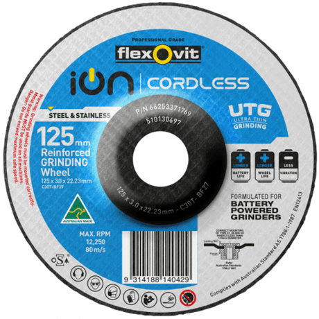 Ultra-thin 125 x 3 x 22mm grinding disc for cordless angle grinders, enhancing precision, battery life, and operator comfort.