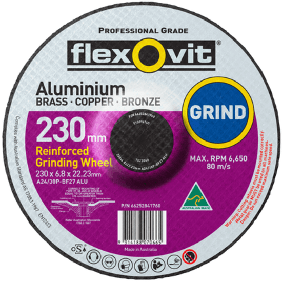 230mm grinding disc for non-ferrous metals, featuring A24/30P grain for efficient stock removal and smooth operation.