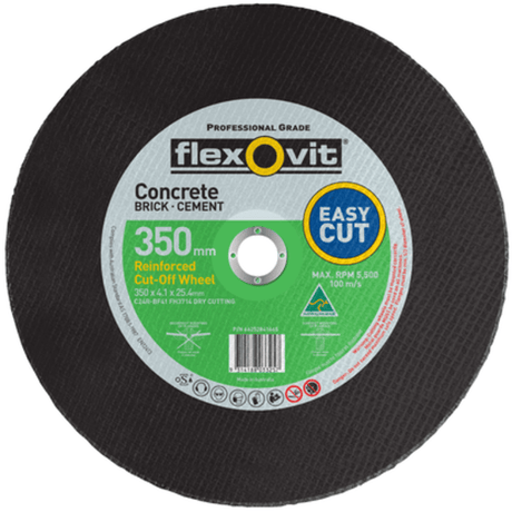 High-performance 350mm masonry cut-off discs for cutting brick, concrete, and stone with a 5500 RPM maximum speed.