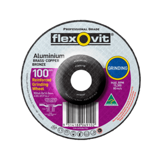 100mm grinding disc designed for non-ferrous metals like aluminium, featuring a depressed centre and A30S grain for effective use.