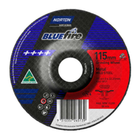 115 x 6 x 22mm Norton Blue FireDisc Grinding wheels, ideal for cutting mild steel and ferrous metals with durability and precision.