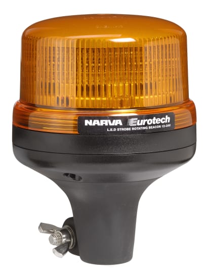 Narva Eurotech 12/24V Low Profile LED Strobe with flexible mount, 6 flash patterns, SAE Class 1 output, and weather resistance.