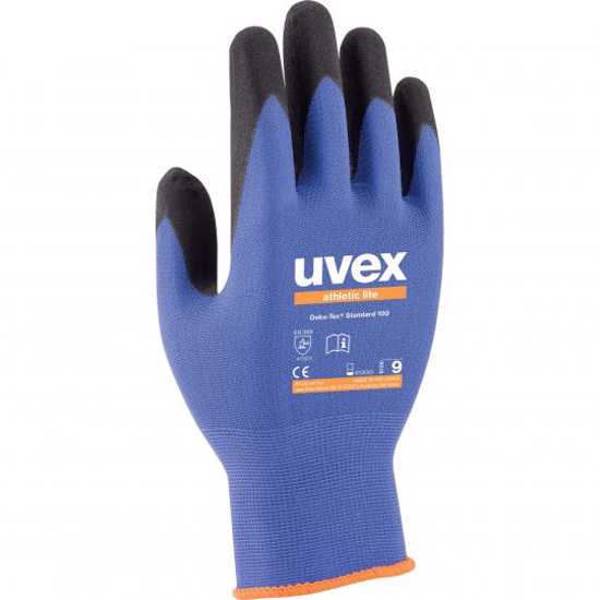 Uvex Athletic Lite Gloves in blue, size 10; breathable microfoam coating for comfort and dexterity in precision work.