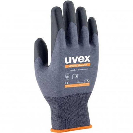 Uvex Athletic All-round Gloves in grey, size 10, offering high abrasion resistance and secure grip for mechanical tasks.