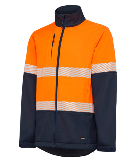 Hi Vis Soft Shell Jacket in Orange/Navy, 2XL, features warm fleece lining, durable ripstop, and reflective tape for visibility.