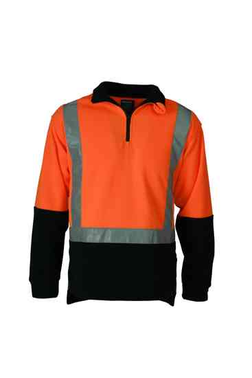 Hi vis orange and navy fleece pullover with 1/4 zip, extended tail, two pockets, size 2XL, ideal for safety and comfort.