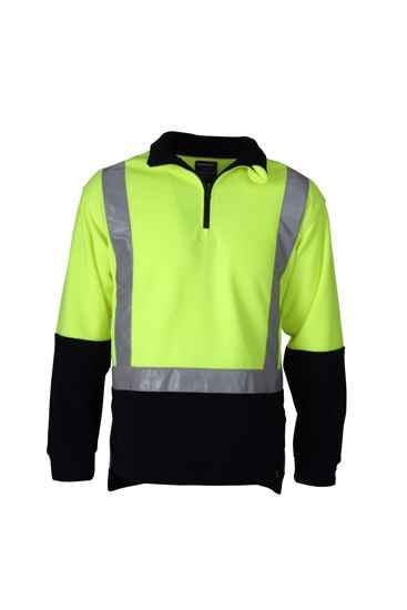 Hi Vis 1/4 Zip Fleece Pullover in Fluro Yellow/Navy, 3XL, warm polyester fleece with extended tail and side pockets for safety.