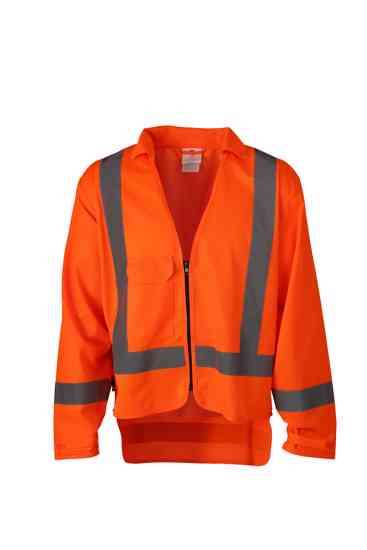 High-visibility fluro orange long sleeve top with zip closure, sun protection collar, and external phone pocket, size 6XL.