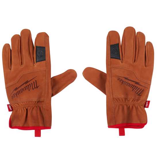 Milwaukee Smartswipe Premium Leather Gloves in size M, featuring goatskin leather, reinforced palms, and touch screen compatibility.