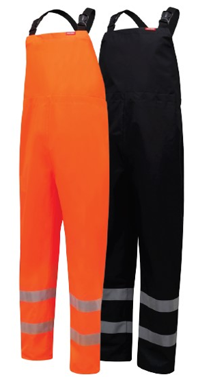 High-visibility orange bib over trousers, M size, waterproof 10,000mm, breathable, adjustable straps, and inner pocket.