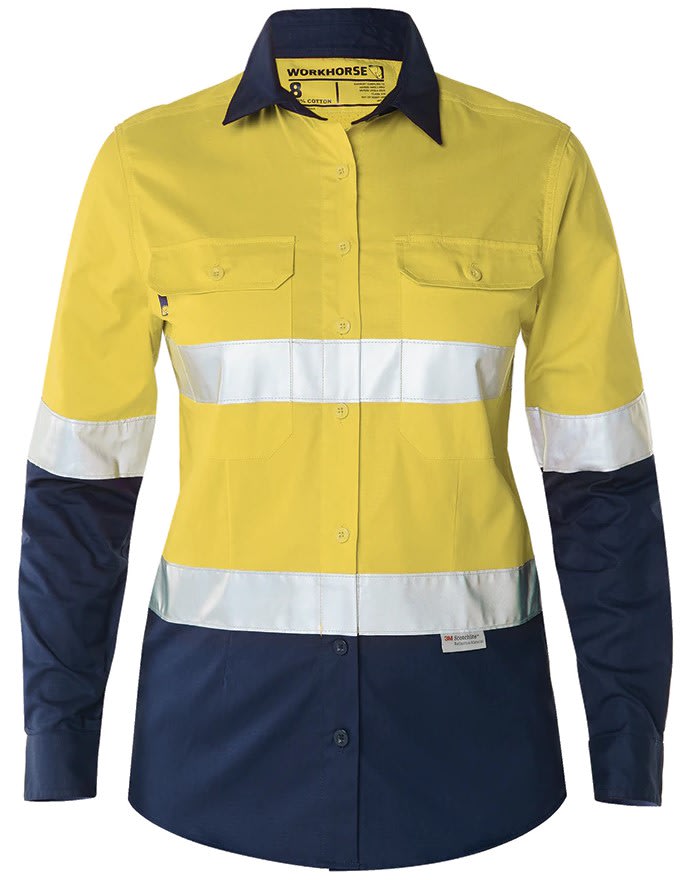 Workhorse, Women's Hi Vis Ripstop Shirt, WSH061 - Yellow/Navy - 12