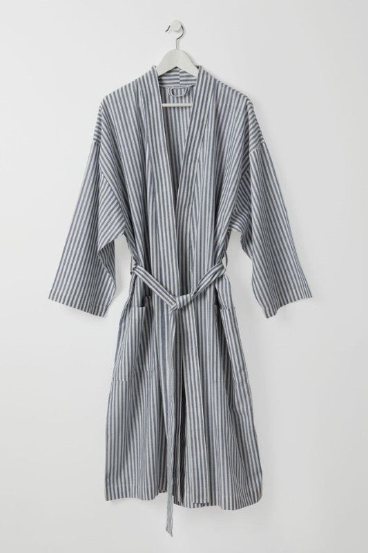 Lightweight Luca kimono robe in dark blue stripes on white, featuring pockets, waist tie, and made from 100% OEKO-TEX® cotton.