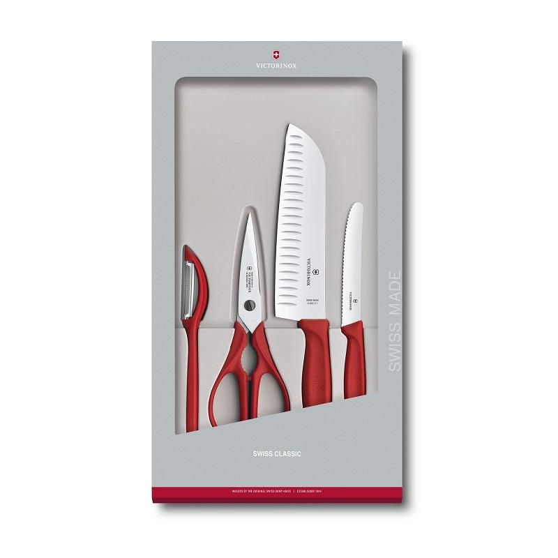 Victorinox Swiss Classic Kitchen Set in red; 4 essential knives with ergonomic handles, ultrasharp stainless steel blades.