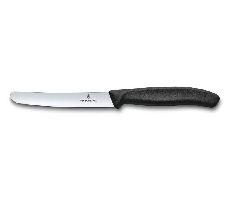 Plain Table Knife - Victorinox Black 11cm with ergonomic handle and sharp blade, ideal for precise slicing of fruits and vegetables.