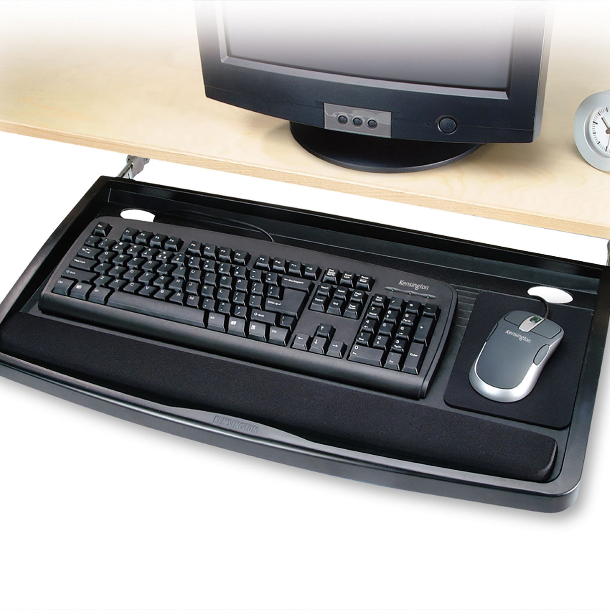 Kensington SmartFit underdesk keyboard platform with adjustable height, spacious tray, and cable management for ergonomic typing.