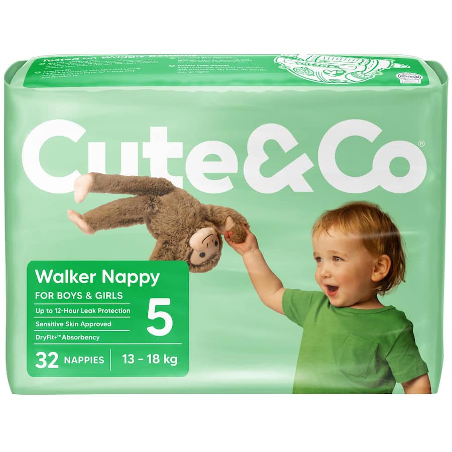 Cute & Co Nappies Walker Boys & Girls 13-18kg Size 5 32pack