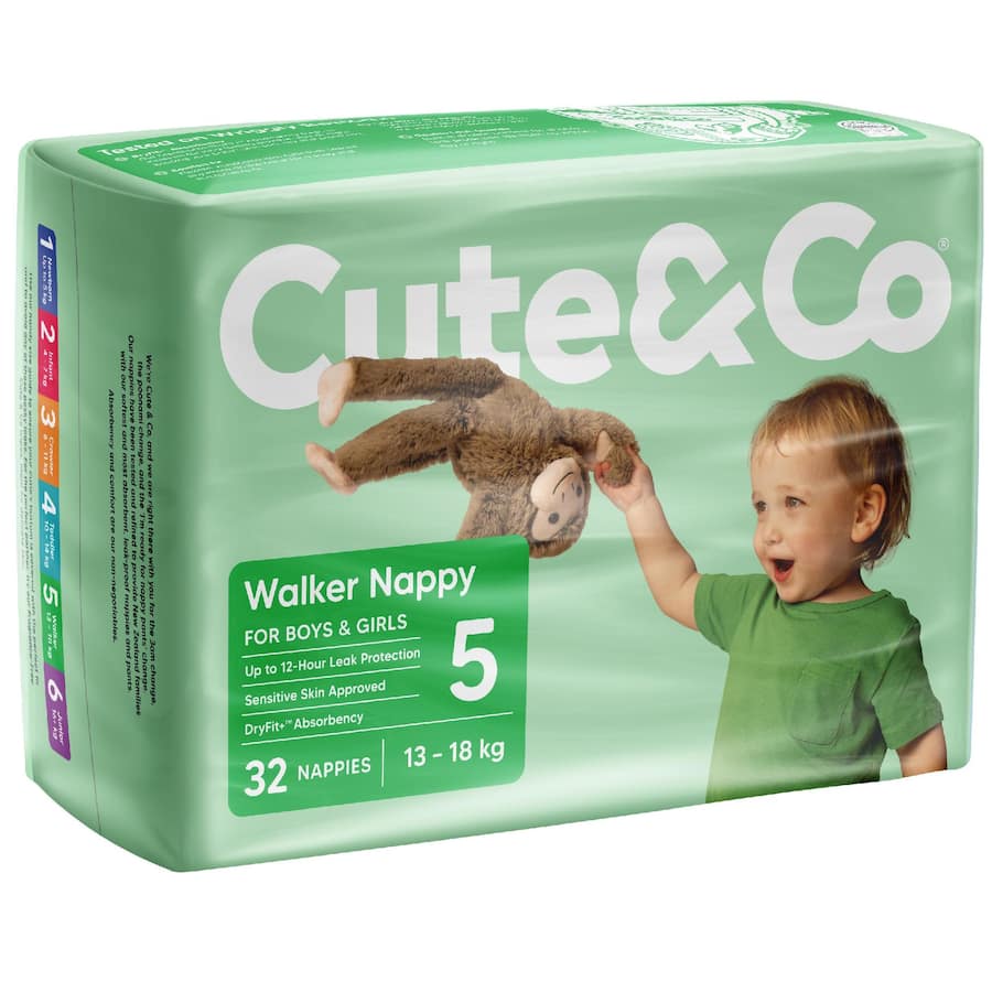 Cute & Co Nappies Walker Boys & Girls 13-18kg Size 5 32pack