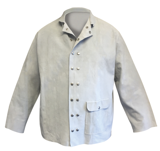 Armour Safety 5XL leather welding jacket featuring chrome-split leather, Kevlar stitching, and dual pockets for essential tools.