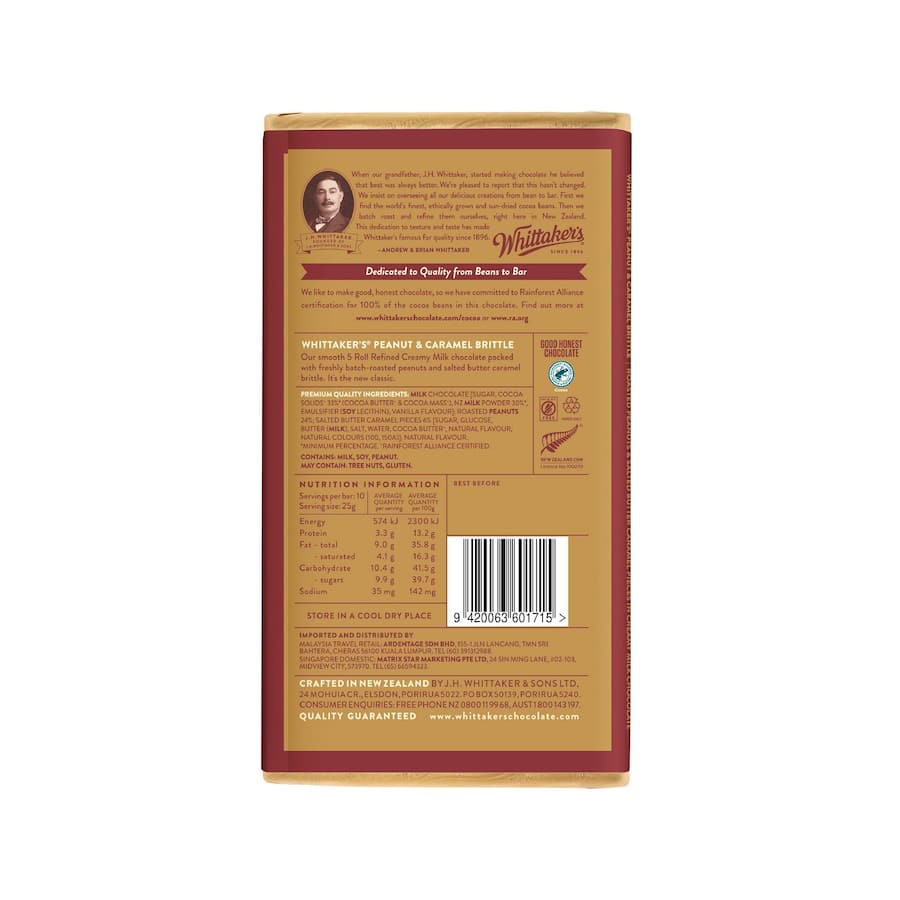 Whittakers Chocolate Peanut Caramel Brittle Block 250g