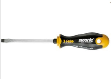 Felo 6.5 x 150mm flat screwdriver with ergonomic anti-roll handle, crafted from chrome molybdenum vanadium steel for durability.