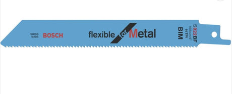 Bosch S922BF Sabre saw blades in a 2-pack, designed for fast, clean metal cuts with a flexible design and 150mm length.
