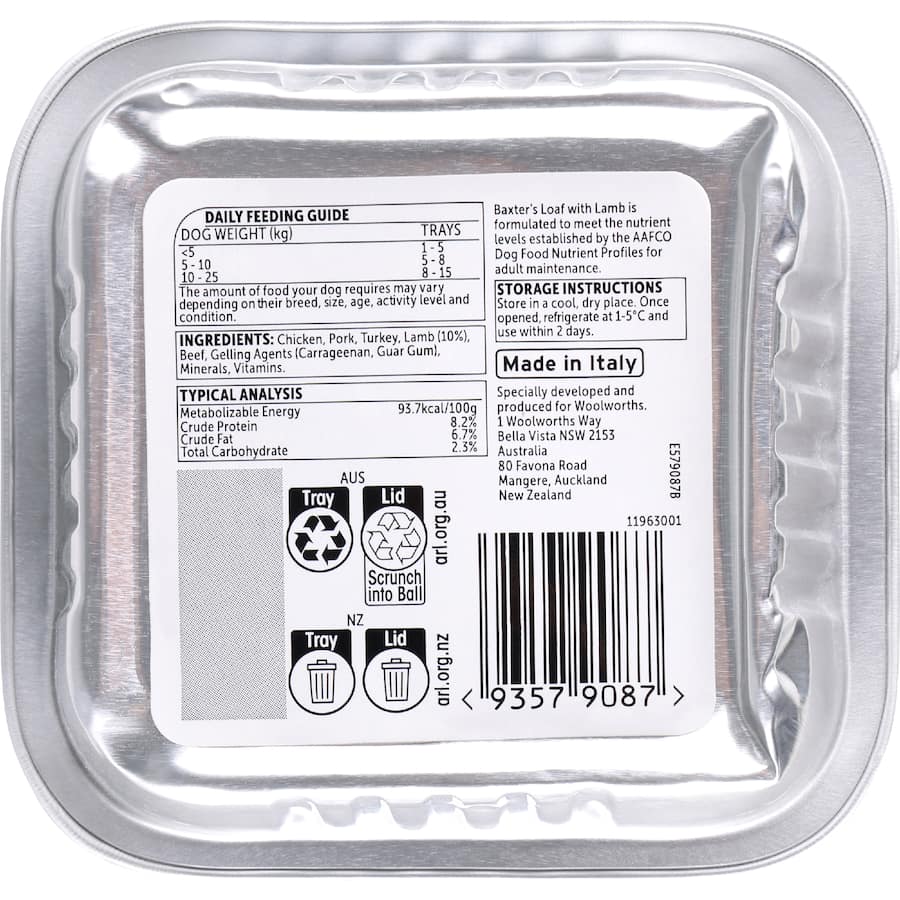 Baxter's Wet Dog Food Adult Loaf With Lamb Aluminium tray 100g