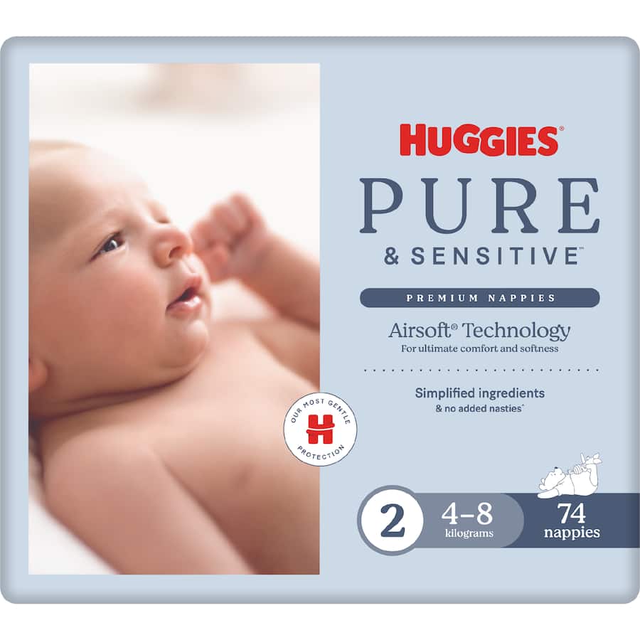Huggies Pure & Sensitive Nappies Infant Boys & Girls 4-8kg Size 2 74pack