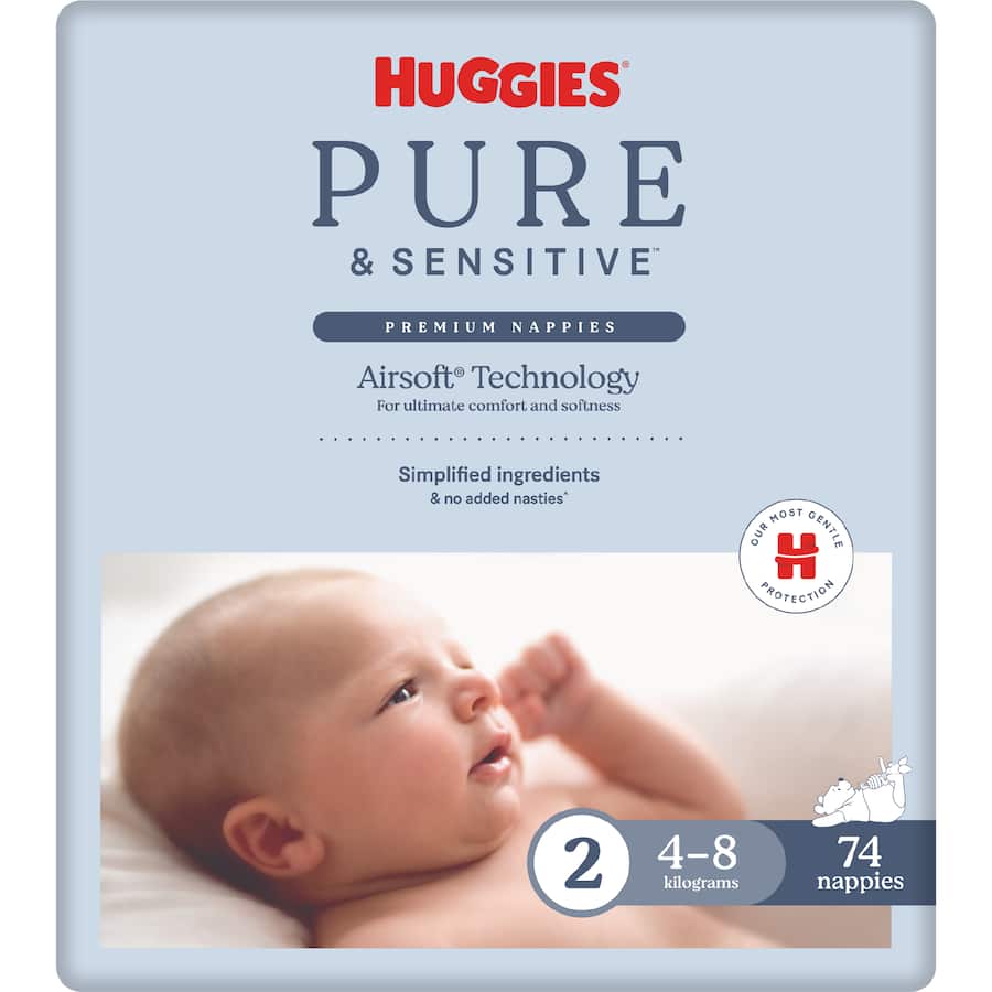 Huggies Pure & Sensitive Nappies Infant Boys & Girls 4-8kg Size 2 74pack
