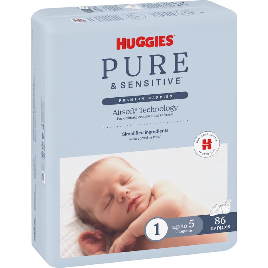 Huggies Pure & Sensitive Newborn Nappies Boys & Girls Up To 5kg Size 1 86pack