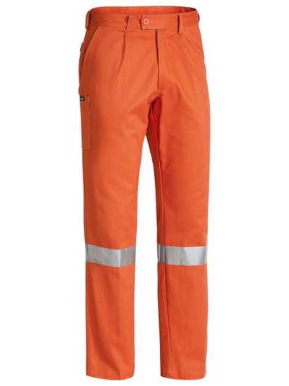 Vibrant orange Bisley work pants with reflective tape, multiple pockets, and UPF 50+ sun protection for outdoor safety.