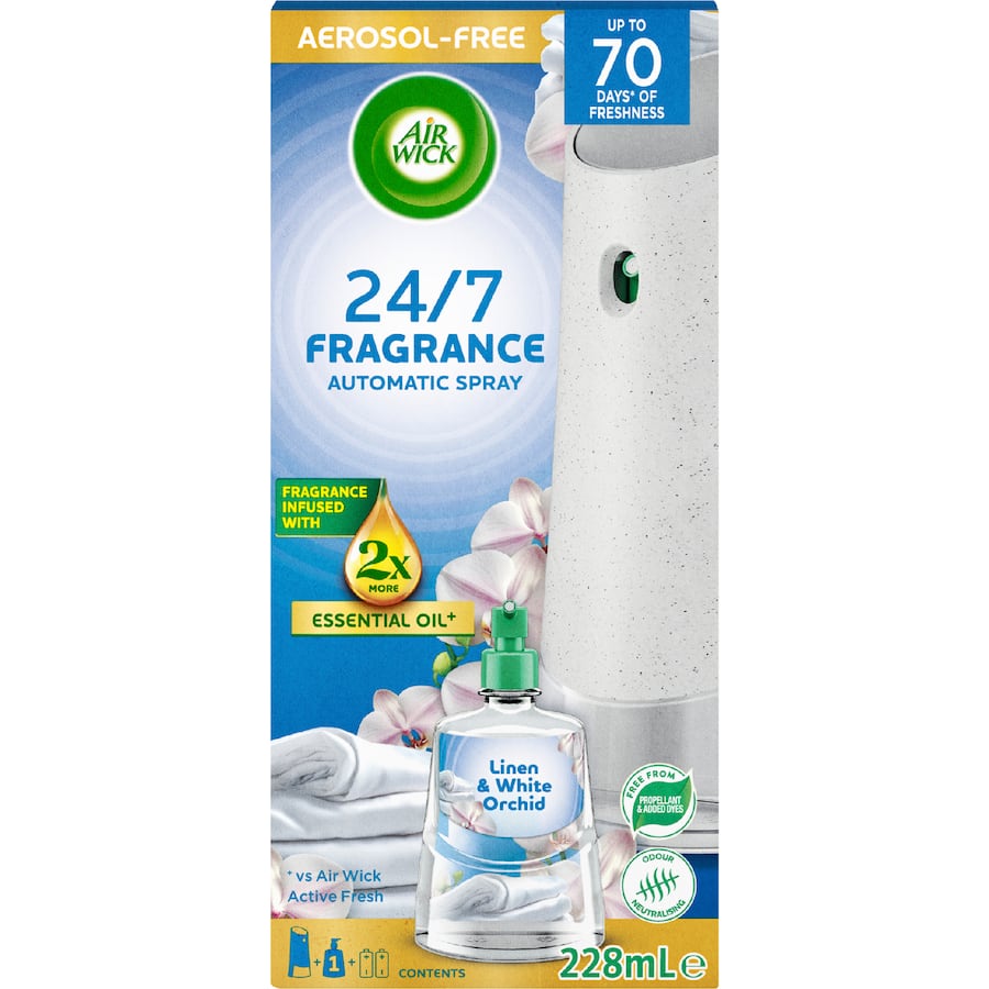 Air Wick 2x Essential Oil Air Freshener Linen &White Orchid Auto Spray - 228mL