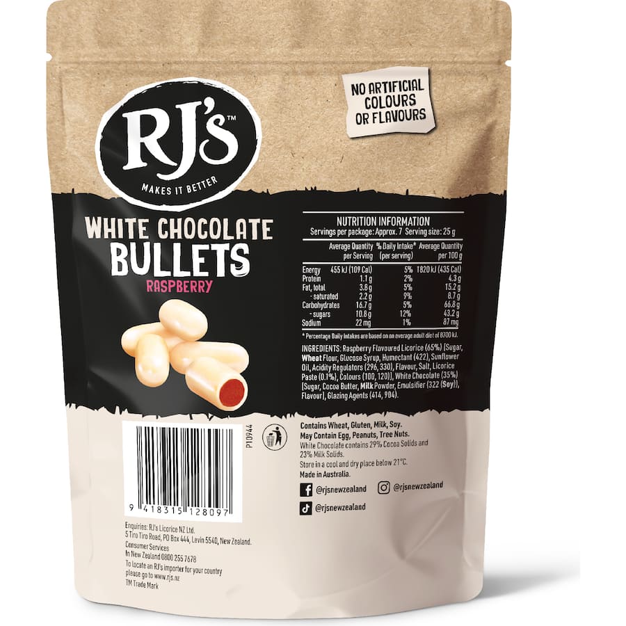 Rj's Licorice White Choc Raspberry Bullets 180g