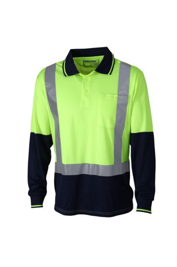 Hi Vis Yellow/Navy micromesh polo shirt in size 2XL, featuring breathable fabric, ribbed collar, pen pocket, and safety compliance.