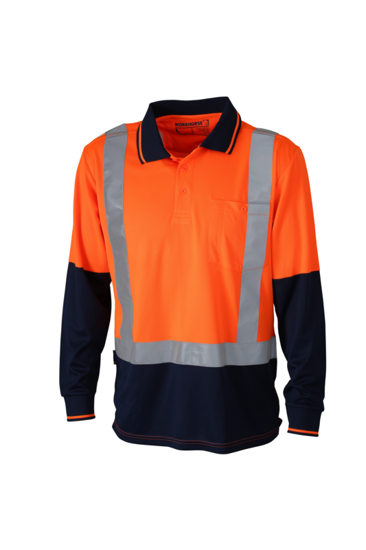 Hi-vis orange and navy micromesh polo shirt in size XS with ribbed collar, chest pocket, and three-button placket for comfort and safety.