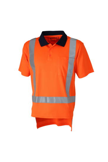 High-visibility Fluro Orange/Navy polo in size 5XL, featuring micromesh fabric, three-button placket, and chest pocket for pens.